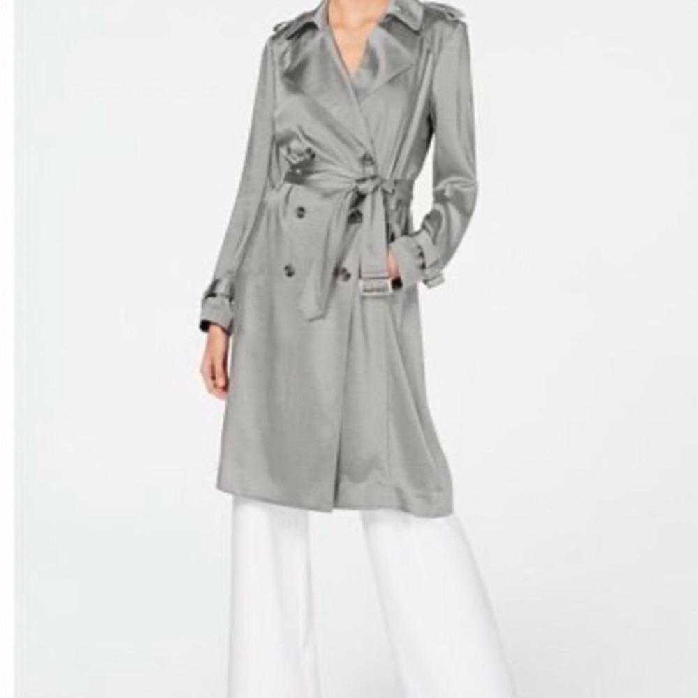INC International Concepts Silver Metallic Belted Long Trench Coat XL NWT